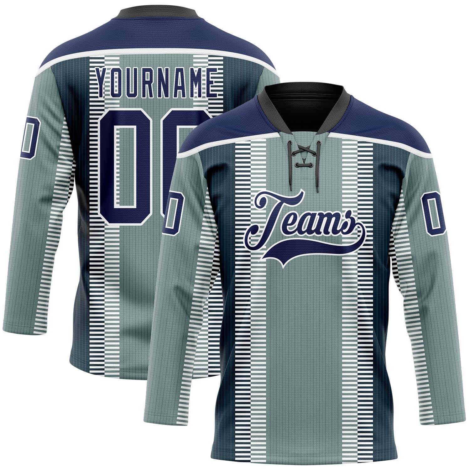 Custom Green Navy Black-White 3D Pattern Design Stripe Hockey Lace Neck Jersey