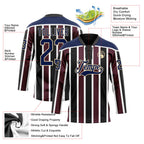 Custom Black Navy Red Cream-White 3D Pattern Design Stripe Hockey Lace Neck Jersey