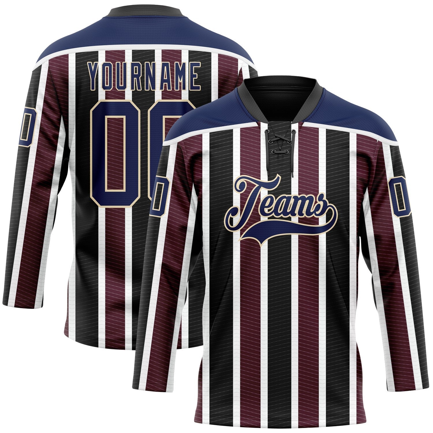 Custom Black Navy Red Cream-White 3D Pattern Design Stripe Hockey Lace Neck Jersey