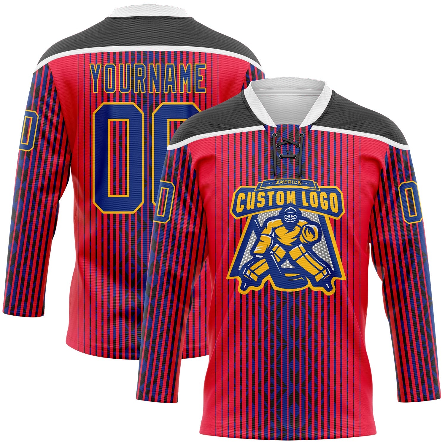 Custom Red Royal Black Gold-White 3D Pattern Design Stripe Hockey Lace Neck Jersey