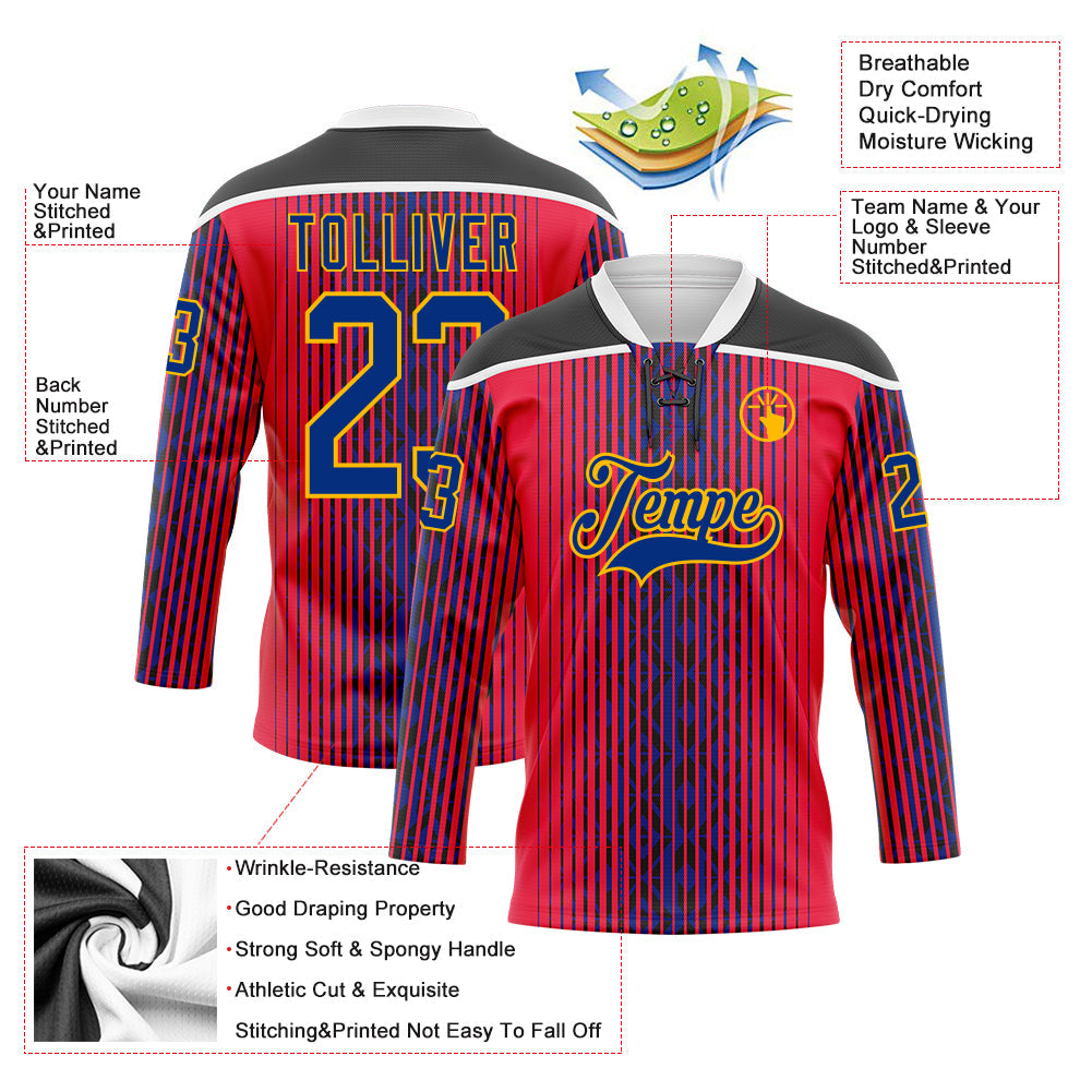 Custom Red Royal Black Gold-White 3D Pattern Design Stripe Hockey Lace Neck Jersey