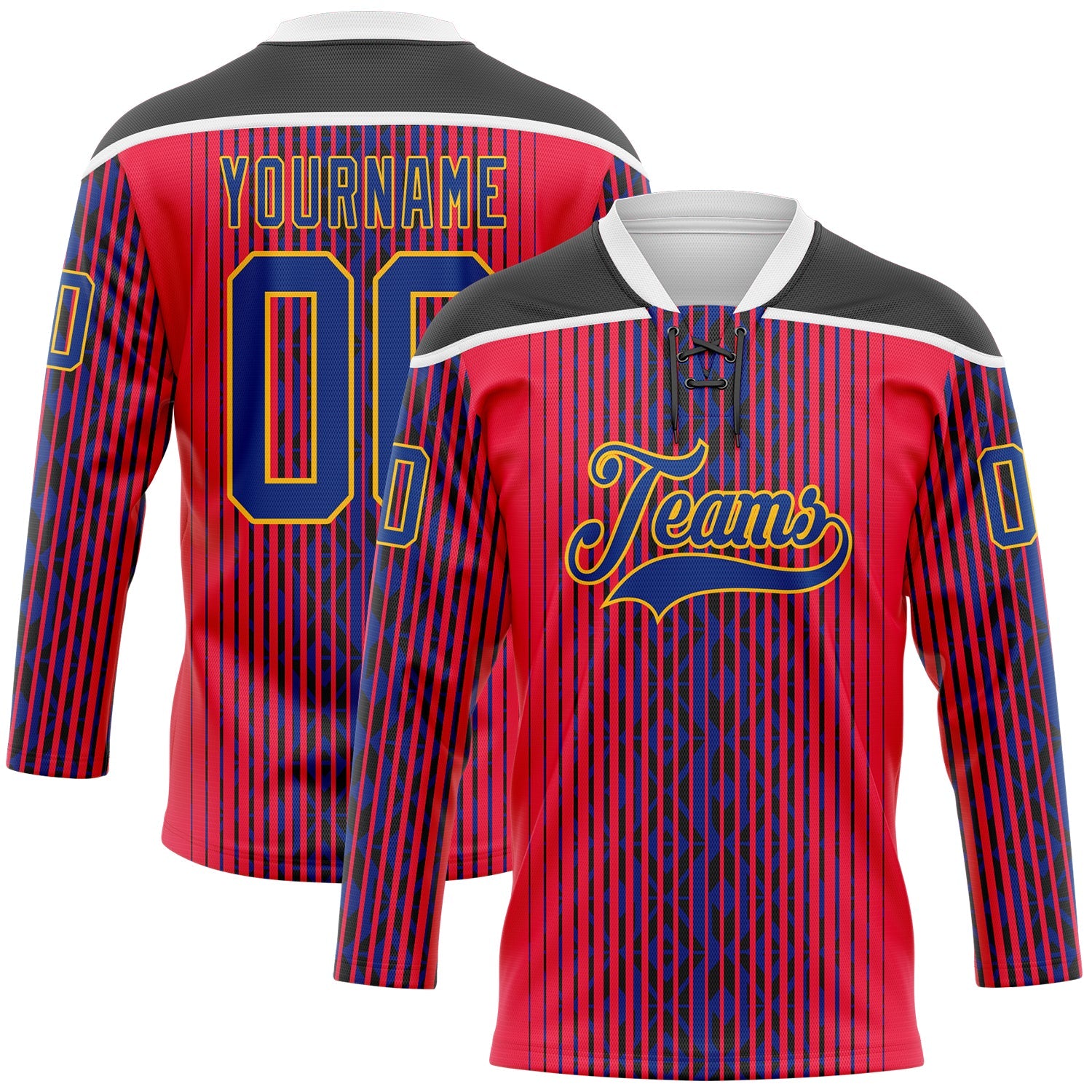 Custom Red Royal Black Gold-White 3D Pattern Design Stripe Hockey Lace Neck Jersey