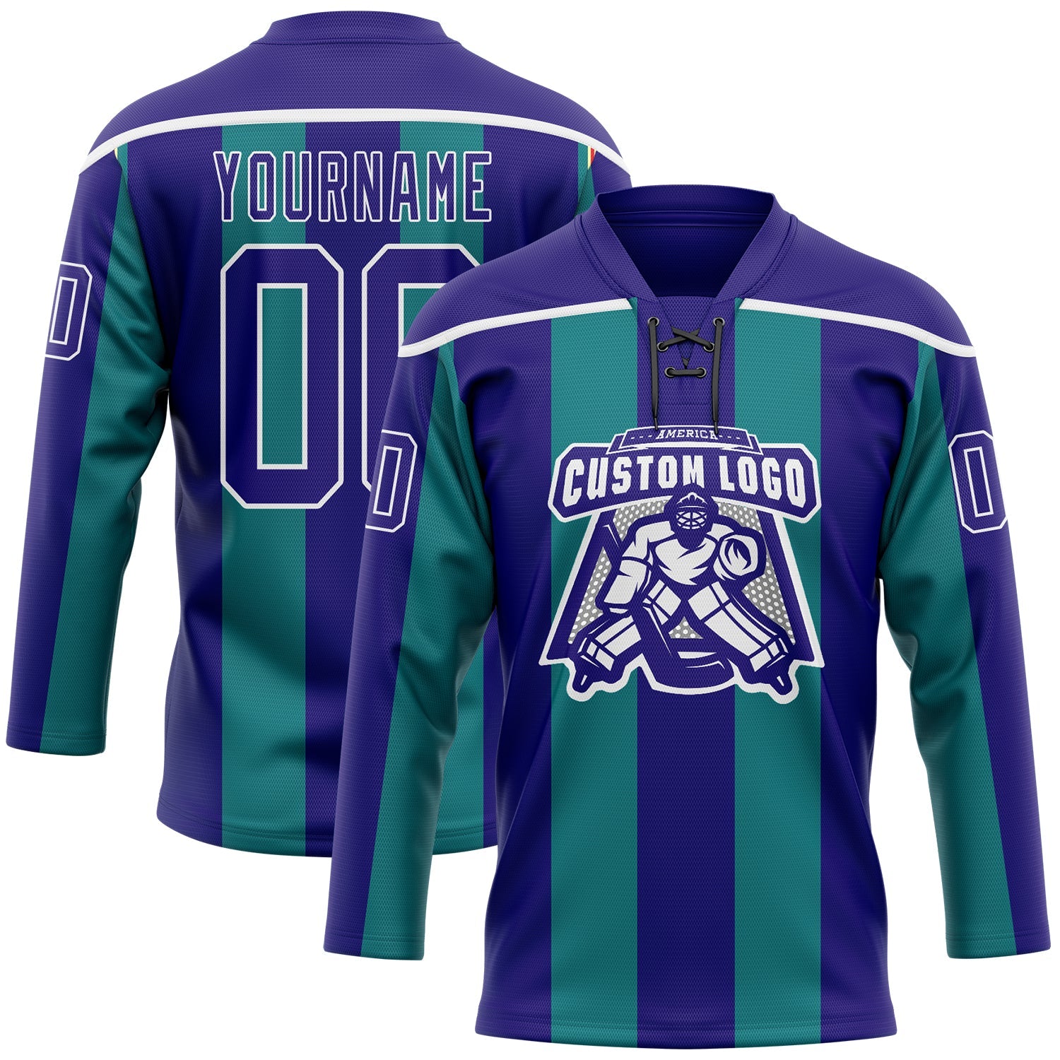 Custom Dark Purple Green-White 3D Pattern Design Stripe Hockey Lace Neck Jersey