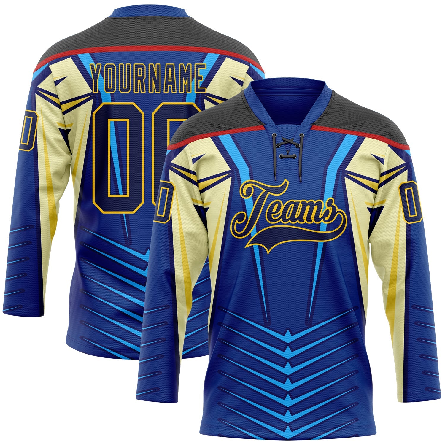 Custom Blue Navy Black Red-Yellow 3D Abstract Pattern Graphic Cyber Mecha E-sport Hockey Lace Neck Jersey