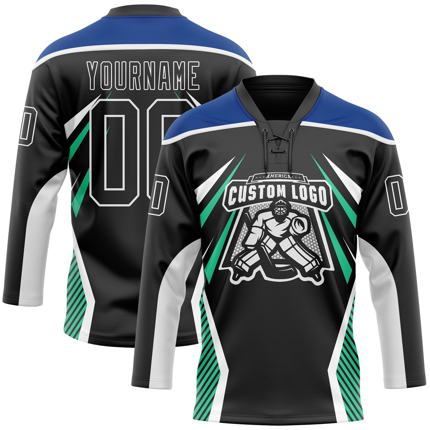 Custom Black Royal Green-White 3D Abstract Pattern Graphic Cyber Mecha E-sport Hockey Lace Neck Jersey