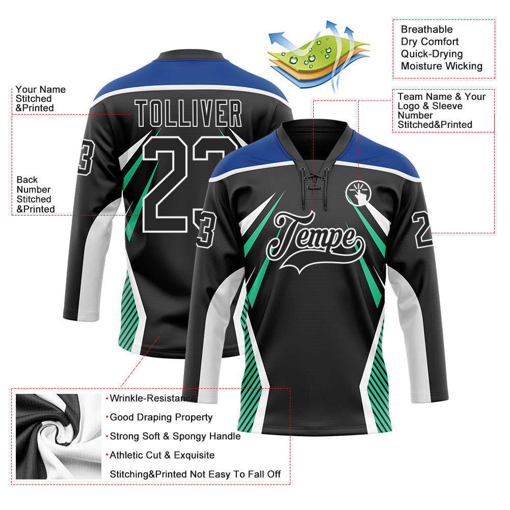 Custom Black Royal Green-White 3D Abstract Pattern Graphic Cyber Mecha E-sport Hockey Lace Neck Jersey