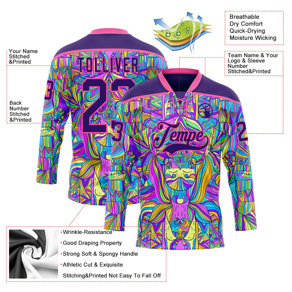 Custom Purple Pink-Yellow 3D Pattern Trippy Psychedelic Hockey Lace Neck Jersey