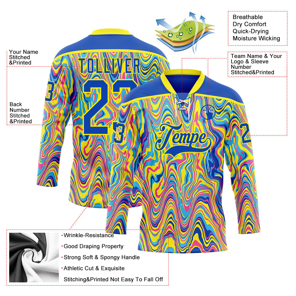 Custom Yellow Thunder Blue Pink-Light Yellow 3D Pattern Trippy Psychedelic Fluid Hockey Lace Neck Jersey