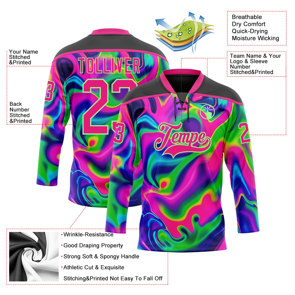 Custom Black Hot Pink-Pea Green 3D Pattern Trippy Psychedelic Neon Trendy Holographic Vaporwave Style Hockey Lace Neck Jersey