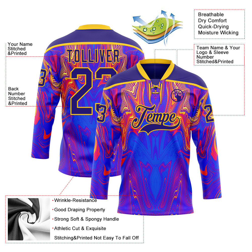 Custom Dark Purple Red-Yellow 3D Pattern Trippy Psychedelic Fluid Hockey Lace Neck Jersey