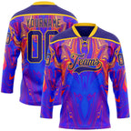 Custom Dark Purple Red-Yellow 3D Pattern Trippy Psychedelic Fluid Hockey Lace Neck Jersey