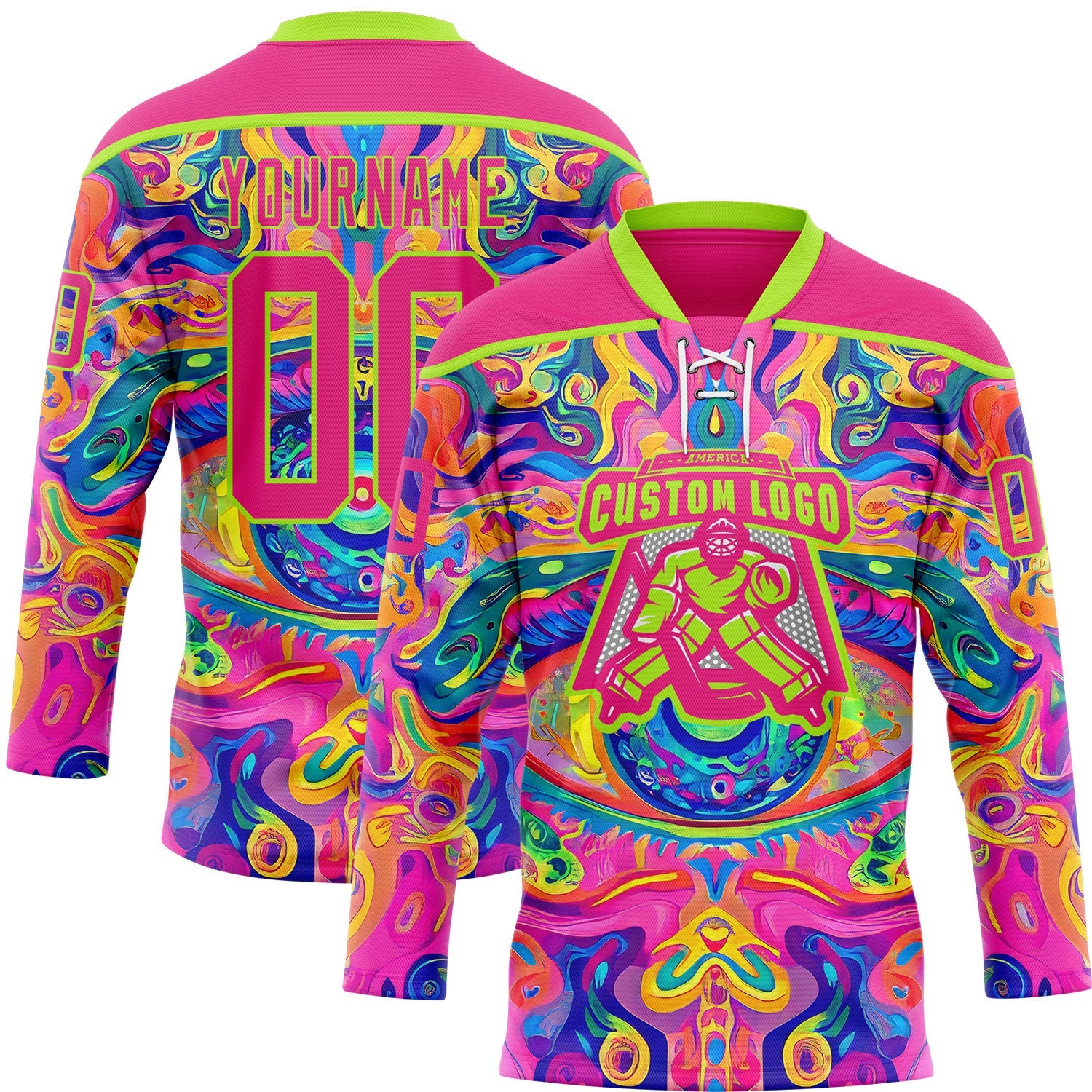 Custom Hot Pink Neon Green Yellow-Blue 3D Pattern Trippy Psychedelic Neon Hockey Lace Neck Jersey