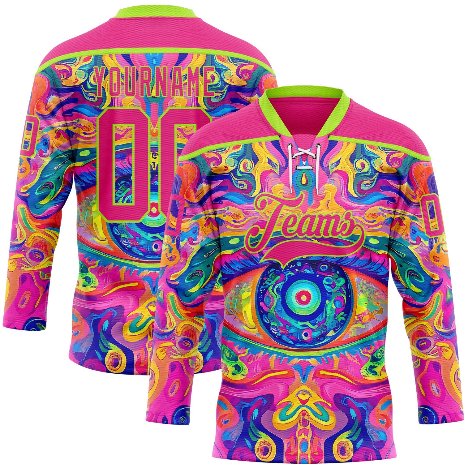 Custom Hot Pink Neon Green Yellow-Blue 3D Pattern Trippy Psychedelic Neon Hockey Lace Neck Jersey