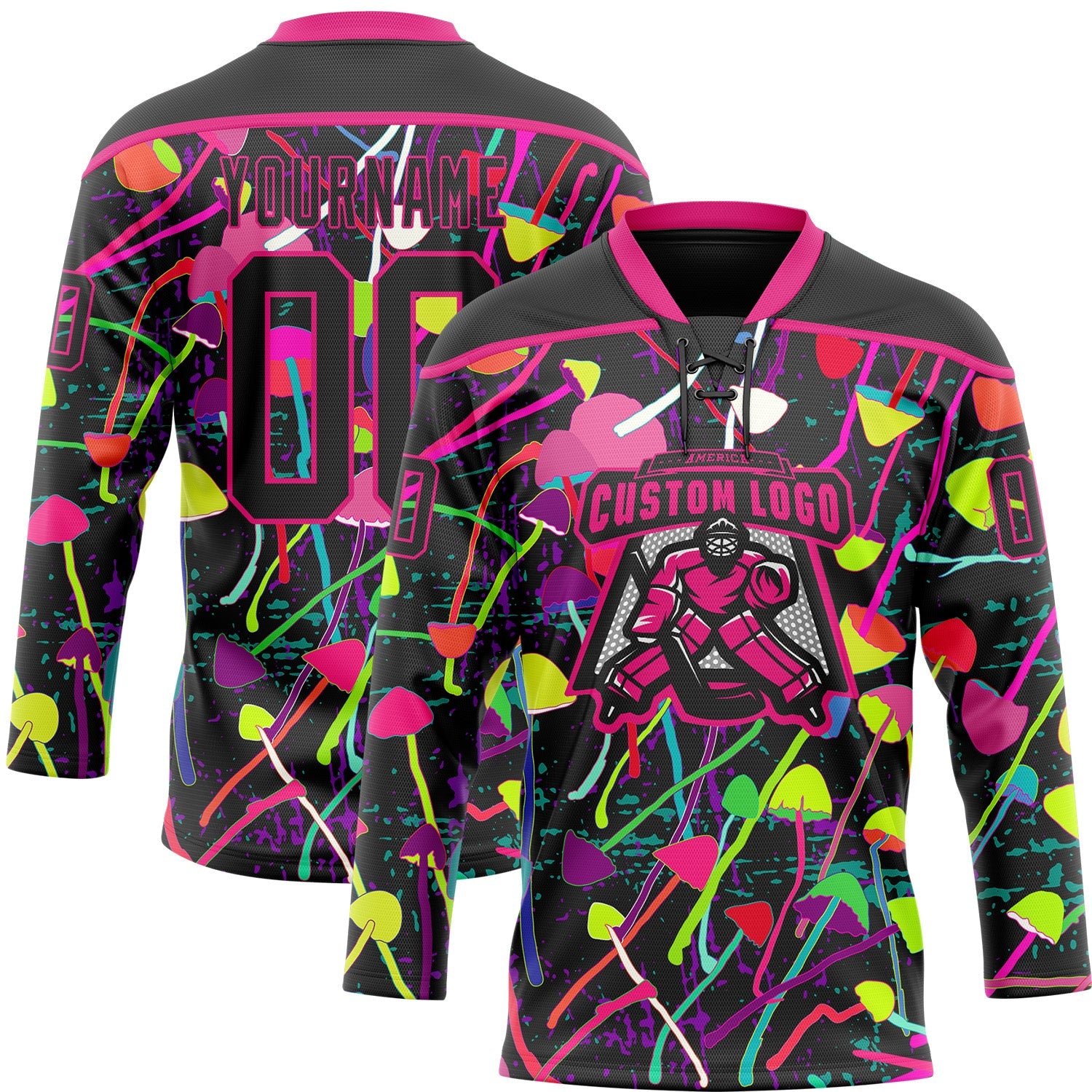 Custom Black Hot Pink 3D Pattern Trippy Psychedelic Magic Mushrooms Hockey Lace Neck Jersey