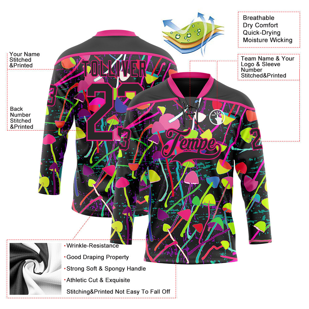 Custom Black Hot Pink 3D Pattern Trippy Psychedelic Magic Mushrooms Hockey Lace Neck Jersey