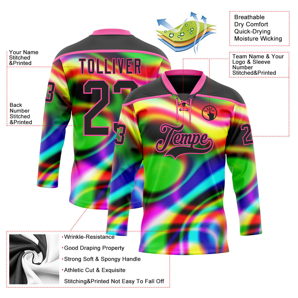 Custom Black Pink Yellow Green-Blue 3D Pattern Trippy Psychedelic Neon Trendy Holographic Vaporwave Style Hockey Lace Neck Jersey