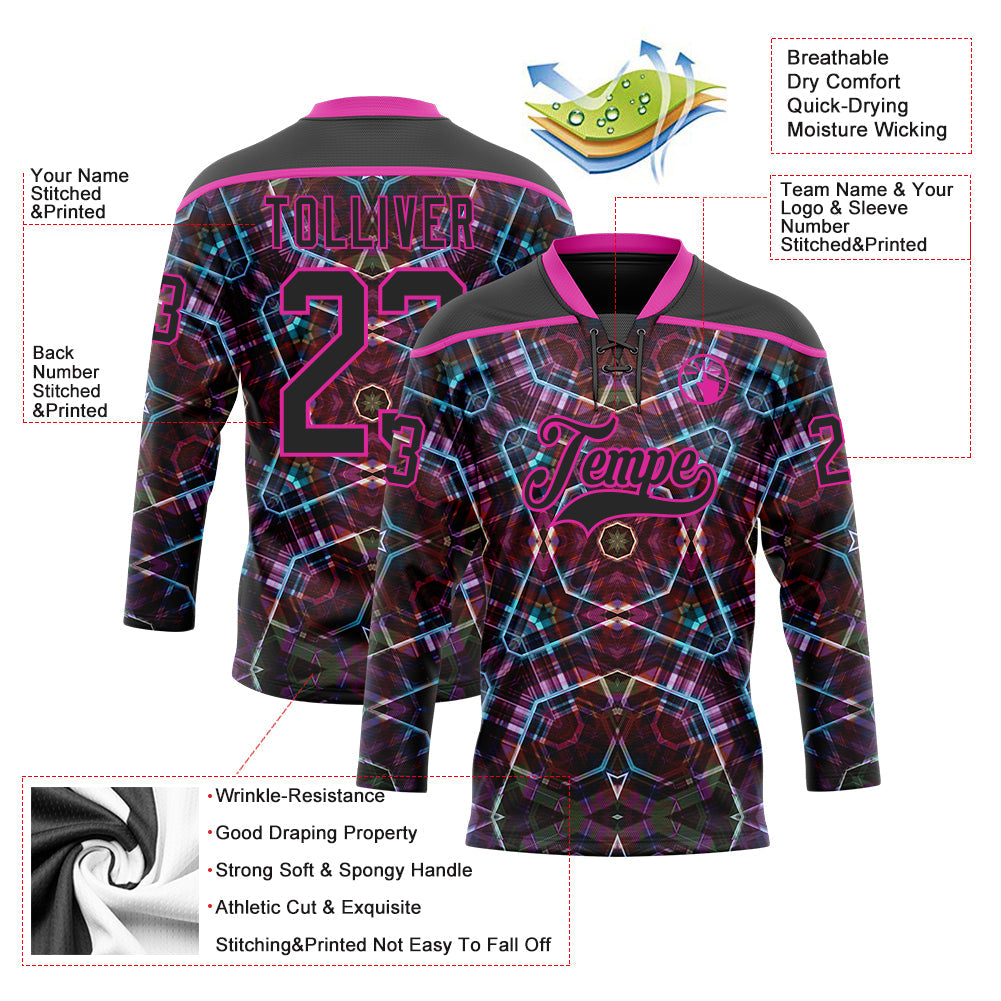 Custom Black Deep Pink-Blue 3D Pattern Trippy Psychedelic Geometric Hockey Lace Neck Jersey