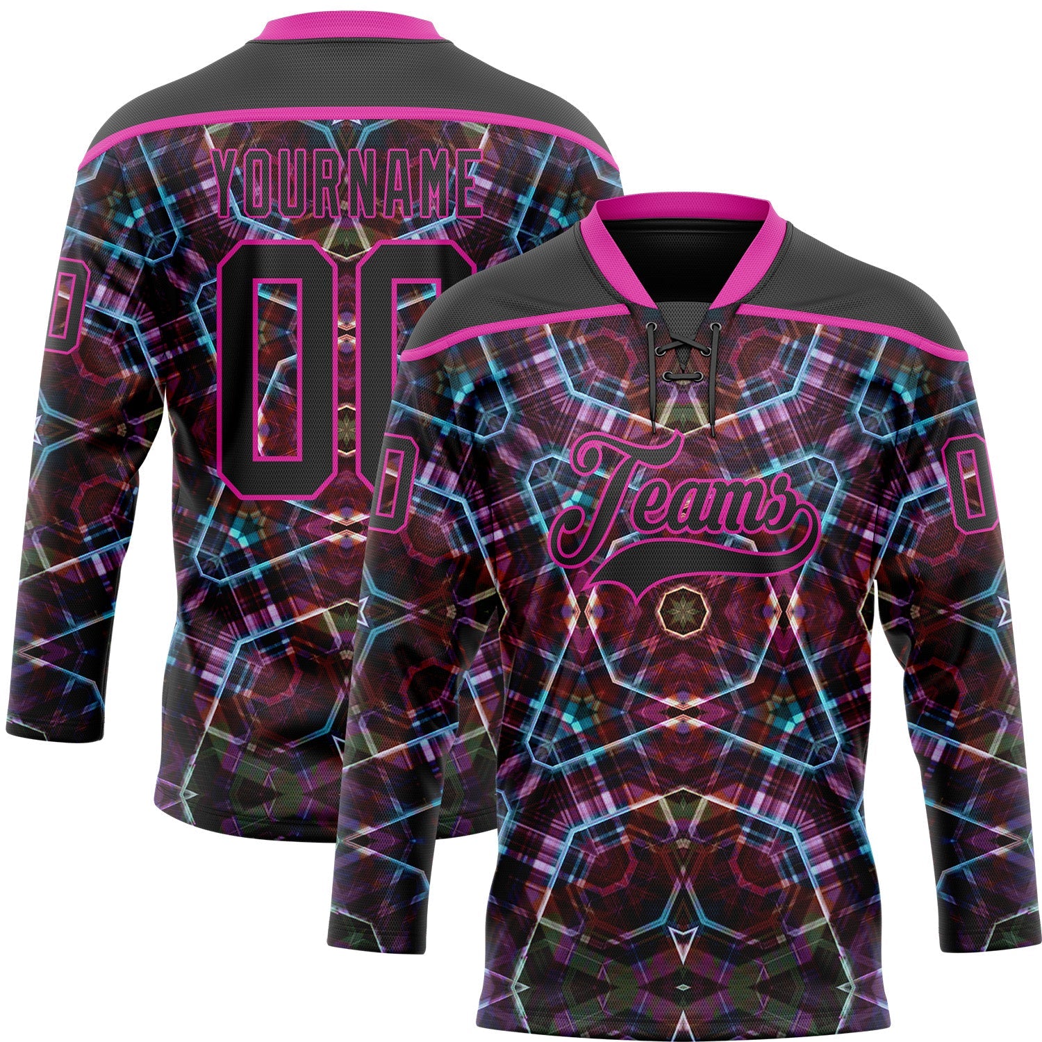 Custom Black Deep Pink-Blue 3D Pattern Trippy Psychedelic Geometric Hockey Lace Neck Jersey