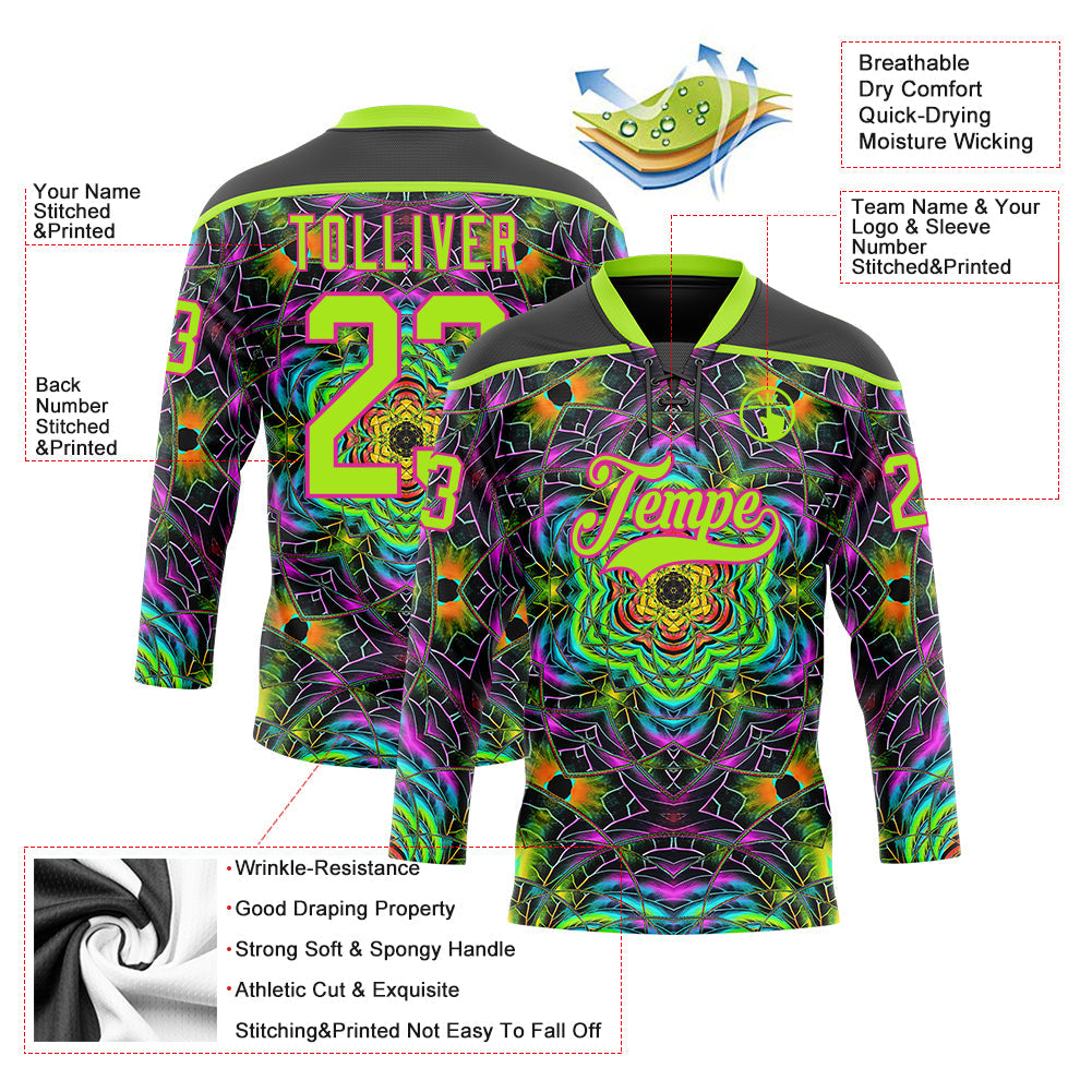 Custom Black Neon Green-Hot Pink 3D Pattern Trippy Psychedelic Geometric Hockey Lace Neck Jersey