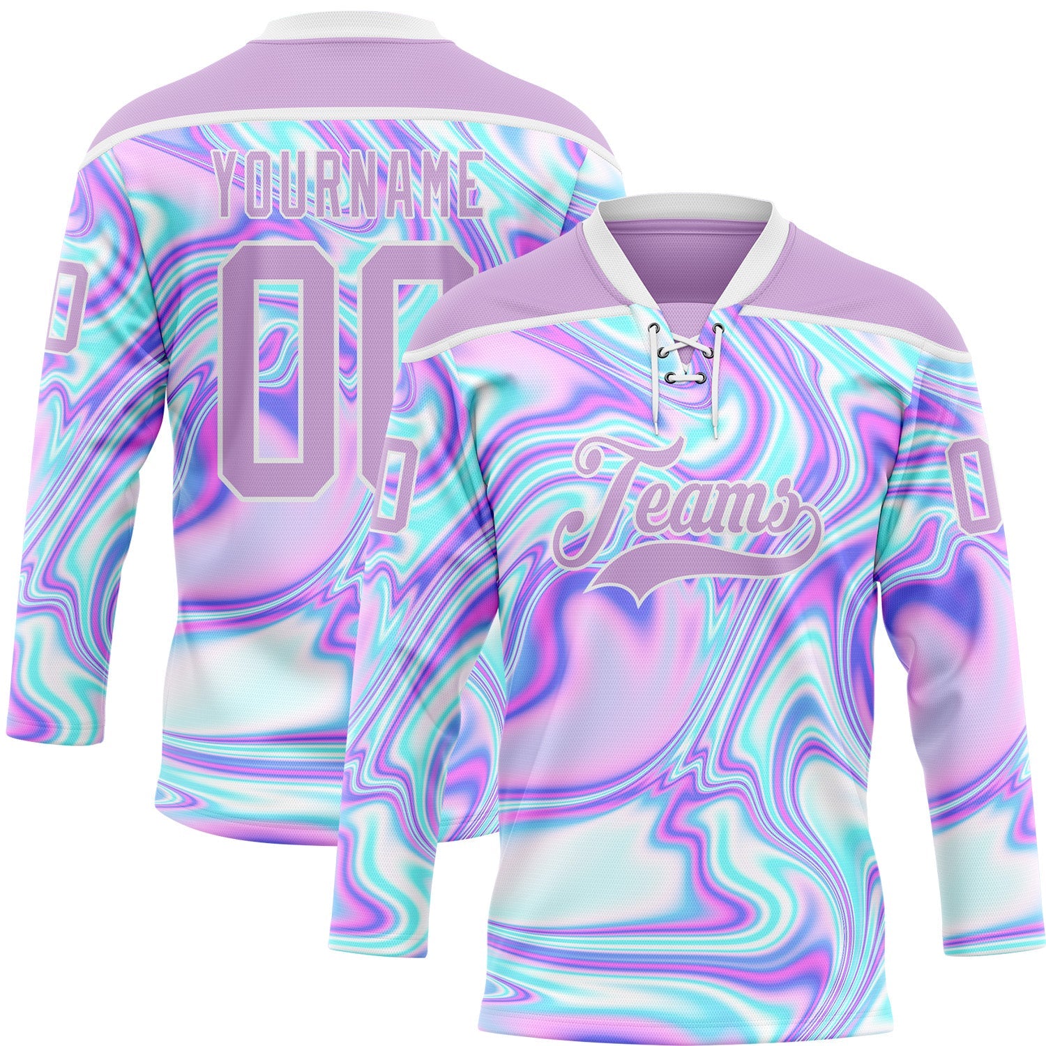 Custom Light Purple Pink Blue-White 3D Pattern Trippy Psychedelic Fluid Trendy Holographic Vaporwave Style Hockey Lace Neck Jersey