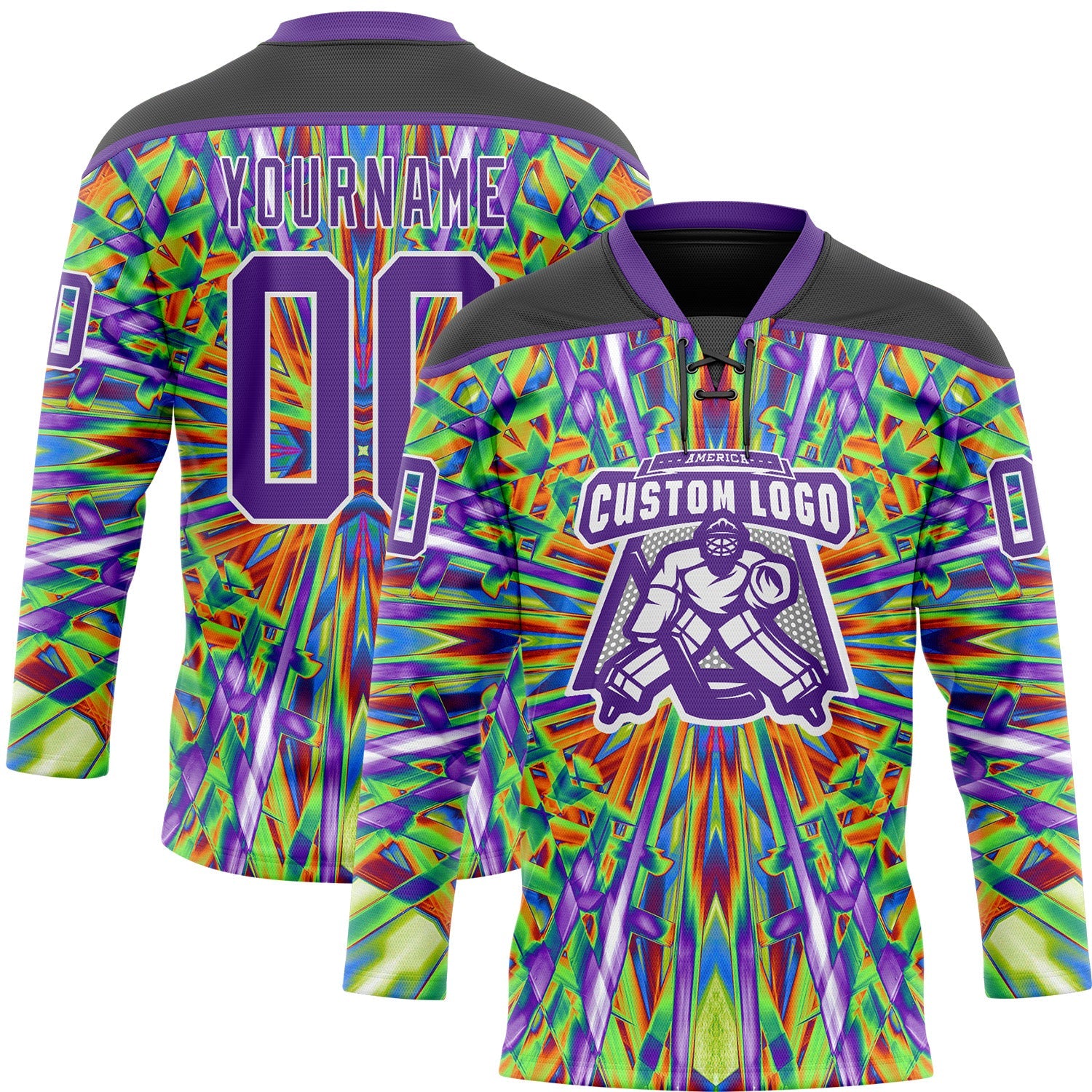 Custom Black Purple Green Orange-White 3D Pattern Trippy Psychedelic Geometric Hockey Lace Neck Jersey