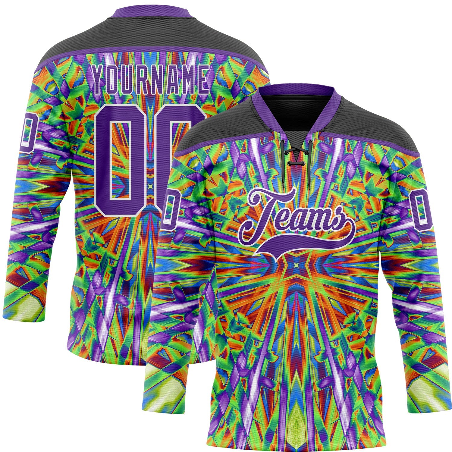 Custom Black Purple Green Orange-White 3D Pattern Trippy Psychedelic Geometric Hockey Lace Neck Jersey