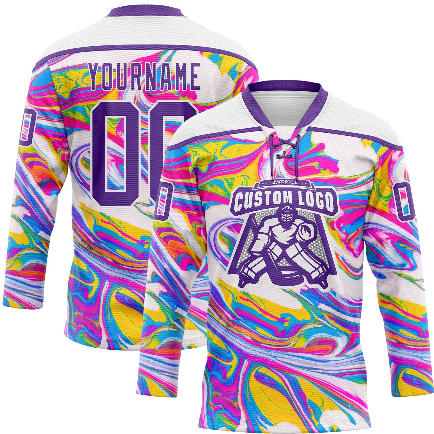 Custom White Purple Yellow Pink-Blue 3D Pattern Trippy Psychedelic Fluid Hockey Lace Neck Jersey