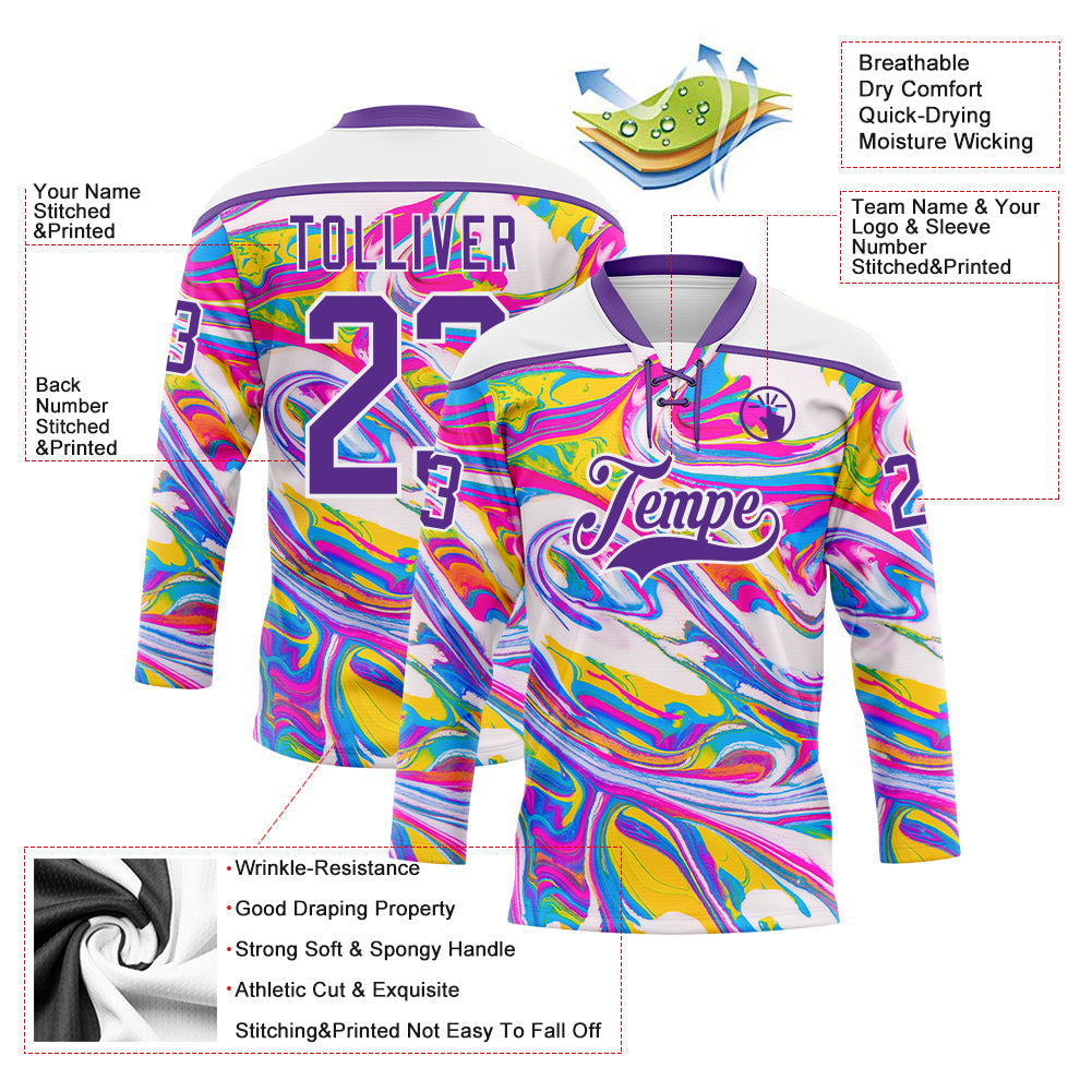 Custom White Purple Yellow Pink-Blue 3D Pattern Trippy Psychedelic Fluid Hockey Lace Neck Jersey