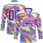 Custom White Purple Yellow Pink-Blue 3D Pattern Trippy Psychedelic Fluid Hockey Lace Neck Jersey
