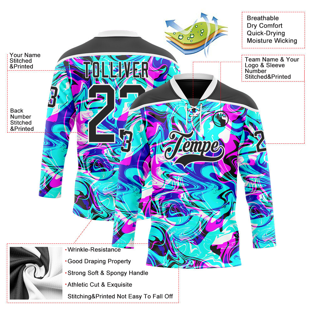 Custom Blue Black Deep Pink-White 3D Pattern Trippy Psychedelic Fluid Hockey Lace Neck Jersey