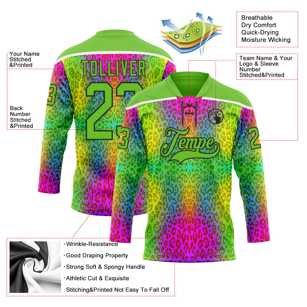 Custom Aurora Green Pink Black-White 3D Pattern Leopard Print Neon Hockey Lace Neck Jersey