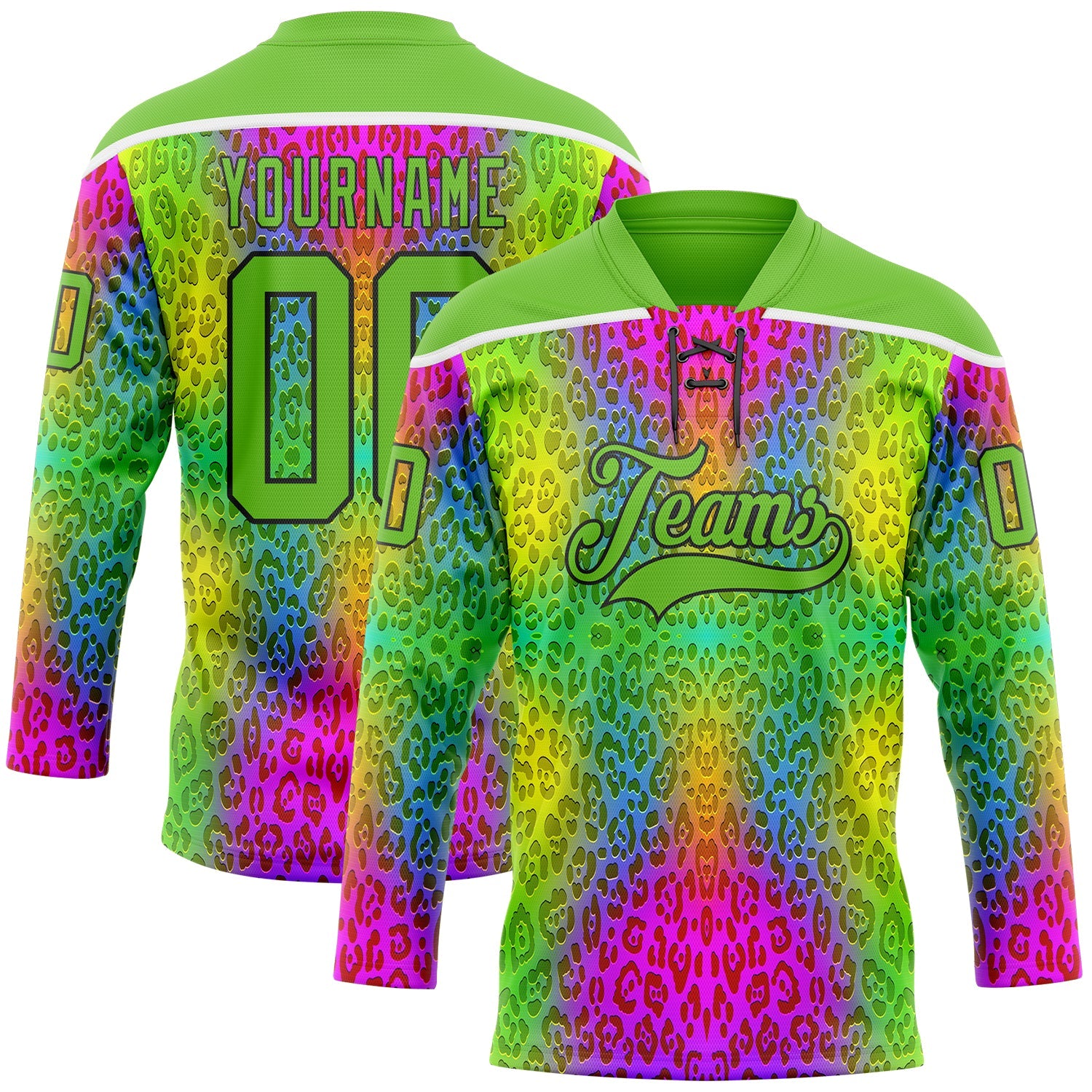 Custom Aurora Green Pink Black-White 3D Pattern Leopard Print Neon Hockey Lace Neck Jersey