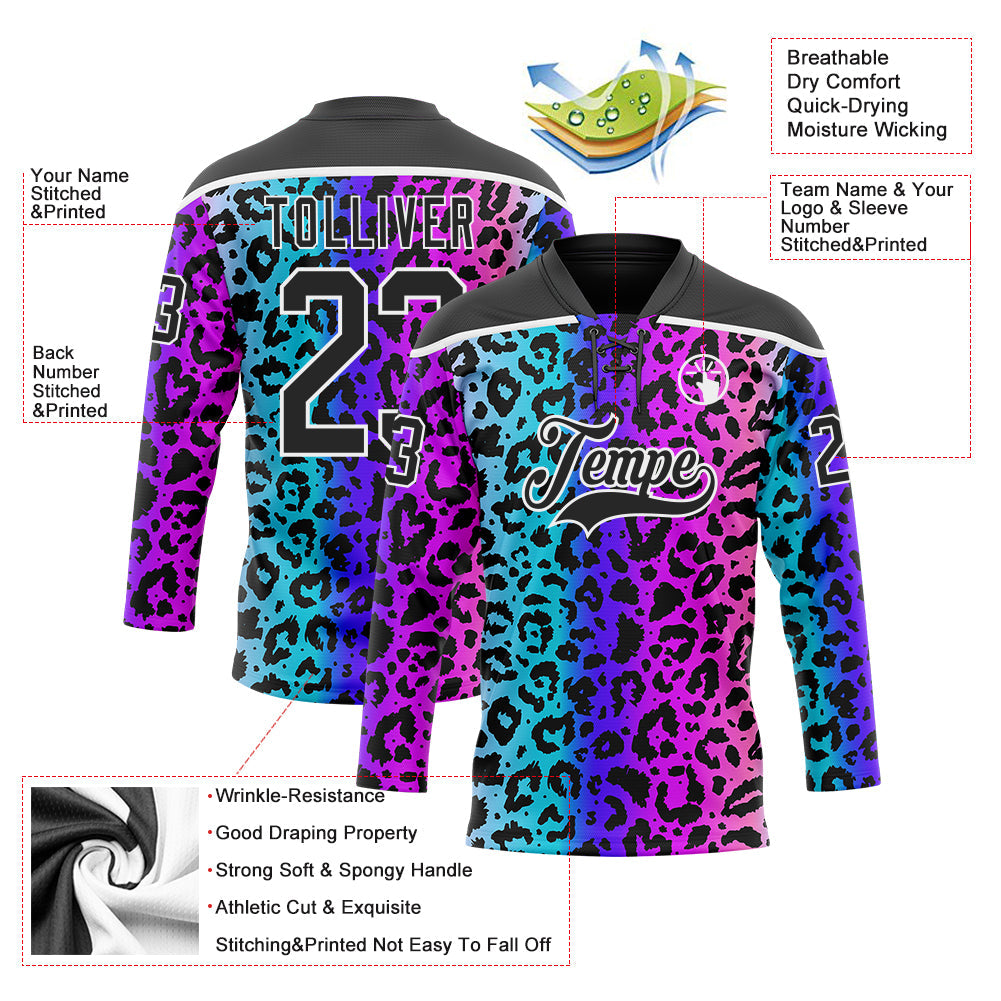 Custom Pink Black Blue-White 3D Pattern Leopard Print Neon Hockey Lace Neck Jersey