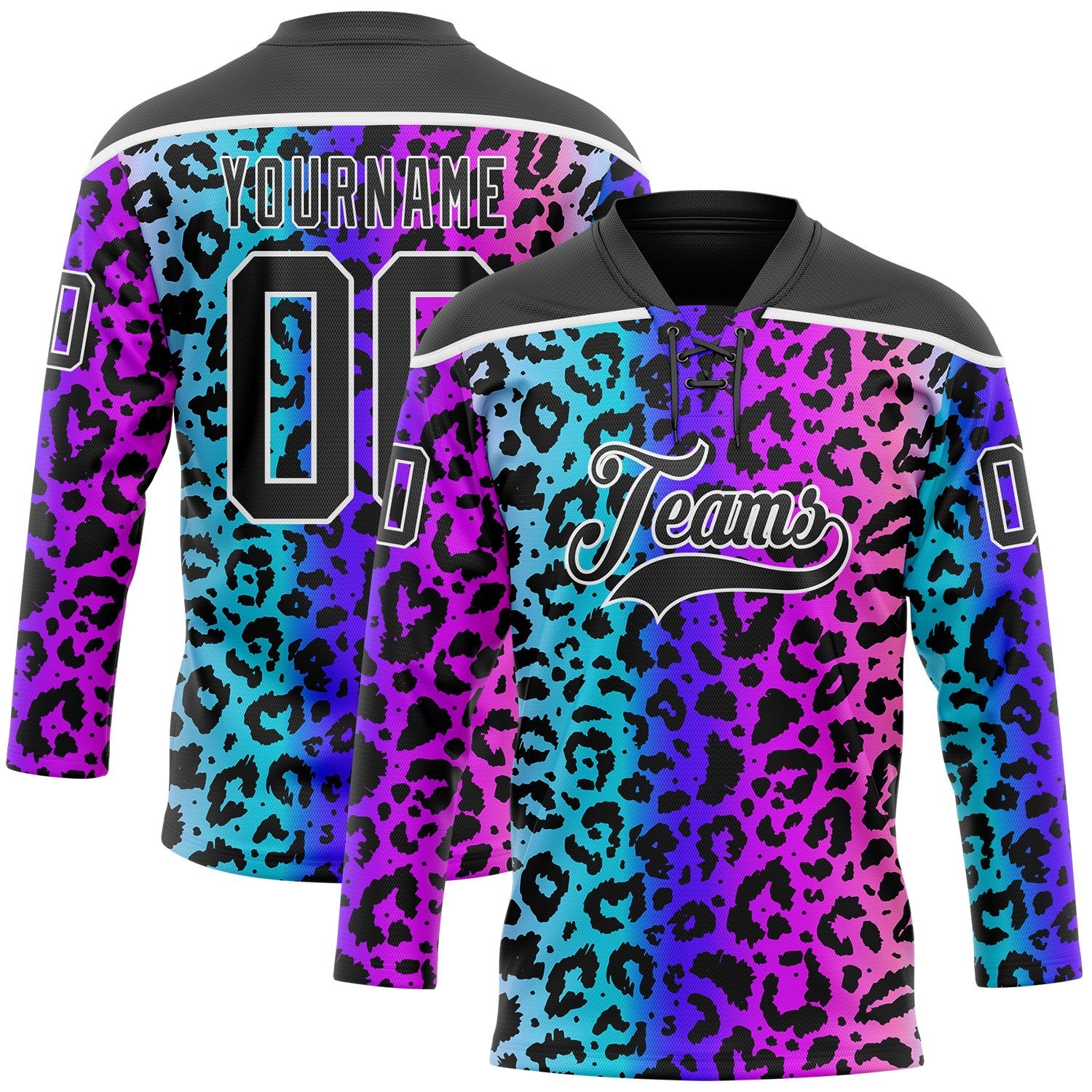 Custom Pink Black Blue-White 3D Pattern Leopard Print Neon Hockey Lace Neck Jersey