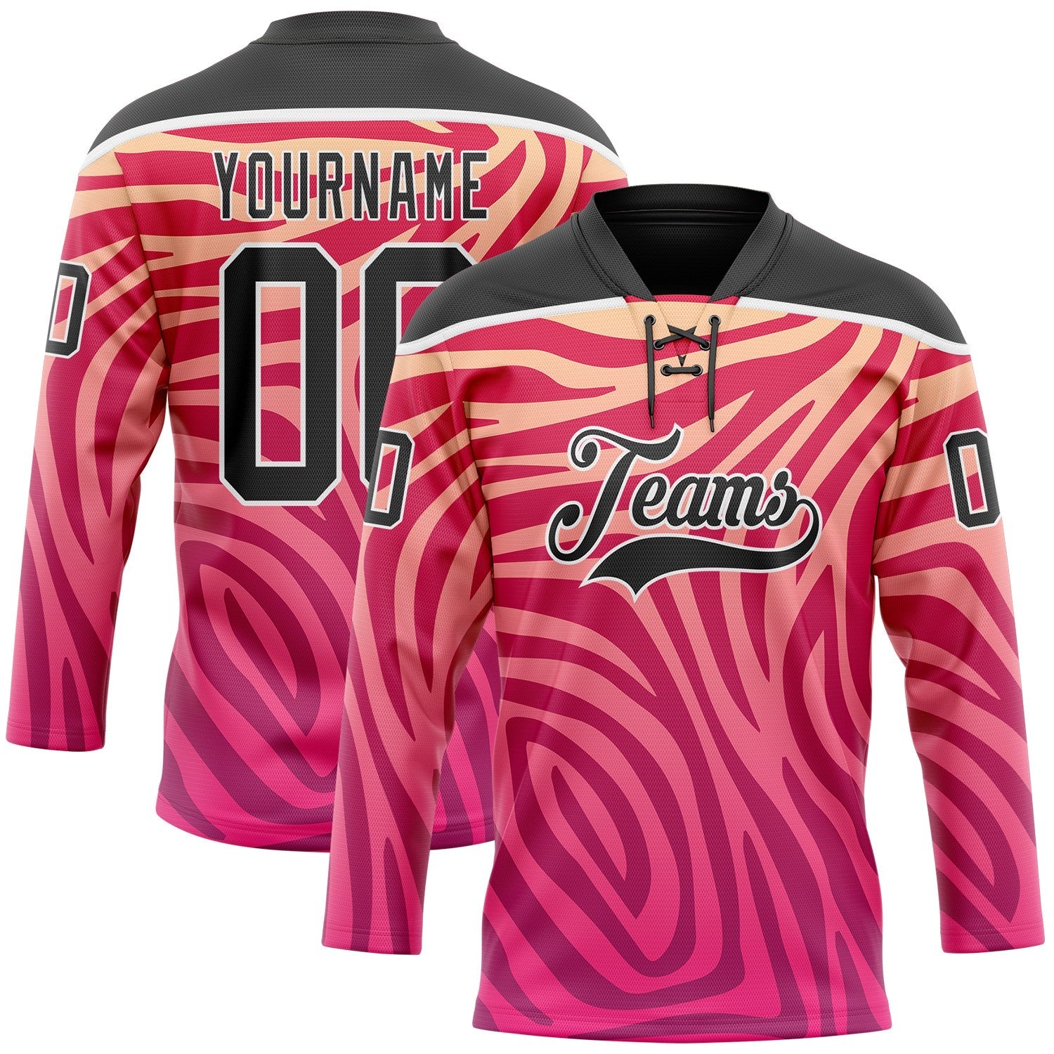 Custom Pink Black-White 3D Pattern Zebra Print Hockey Lace Neck Jersey