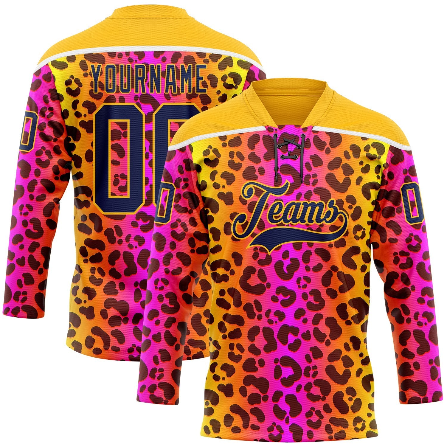Custom Gold Navy-Pink 3D Pattern Leopard Print Neon Hockey Lace Neck Jersey