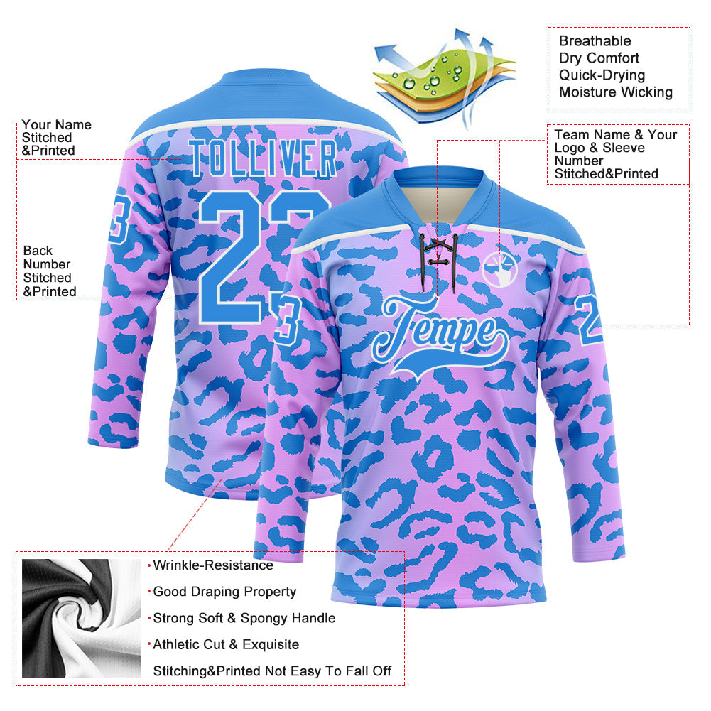 Custom Pink Powder Blue-White 3D Pattern Leopard Print Neon Hockey Lace Neck Jersey