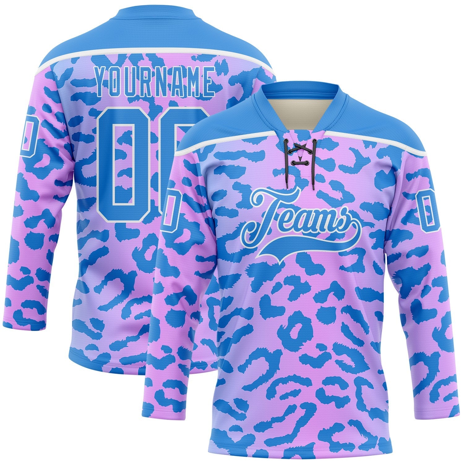 Custom Pink Powder Blue-White 3D Pattern Leopard Print Neon Hockey Lace Neck Jersey