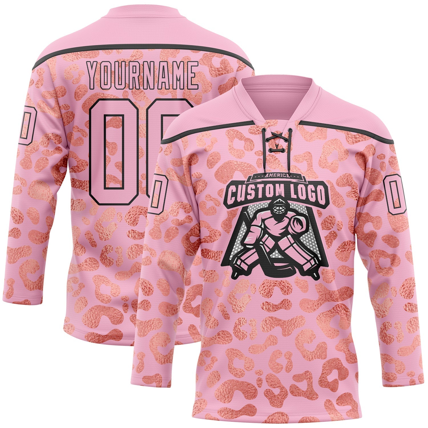 Custom Light Pink Black 3D Pattern Leopard Print Neon Hockey Lace Neck Jersey