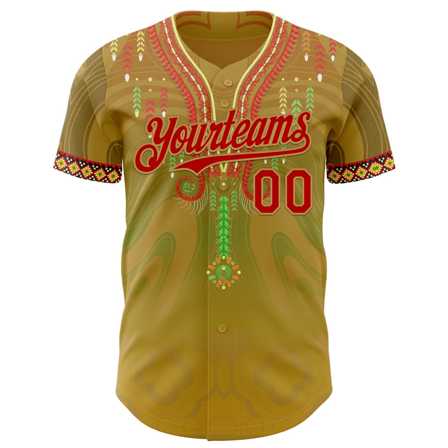 Custom Old Gold Red-Green 3D Pattern Design Black History Month Africa Tribal Authentic Baseball Jersey