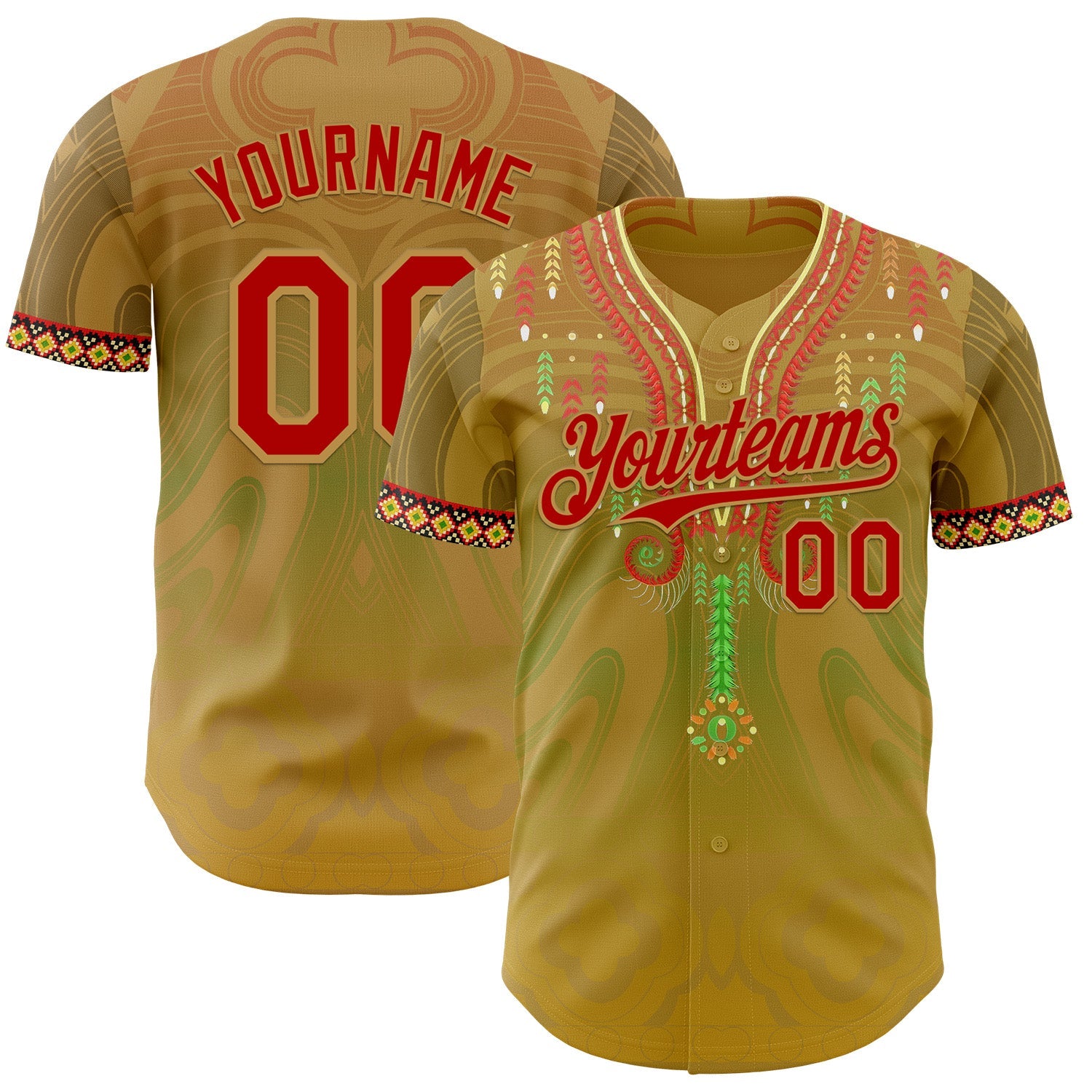 Custom Old Gold Red-Green 3D Pattern Design Black History Month Africa Tribal Authentic Baseball Jersey