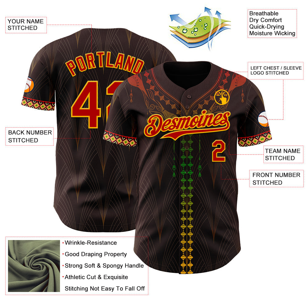 Custom Brown Red Gold-Green 3D Pattern Design Black History Month Africa Tribal Authentic Baseball Jersey