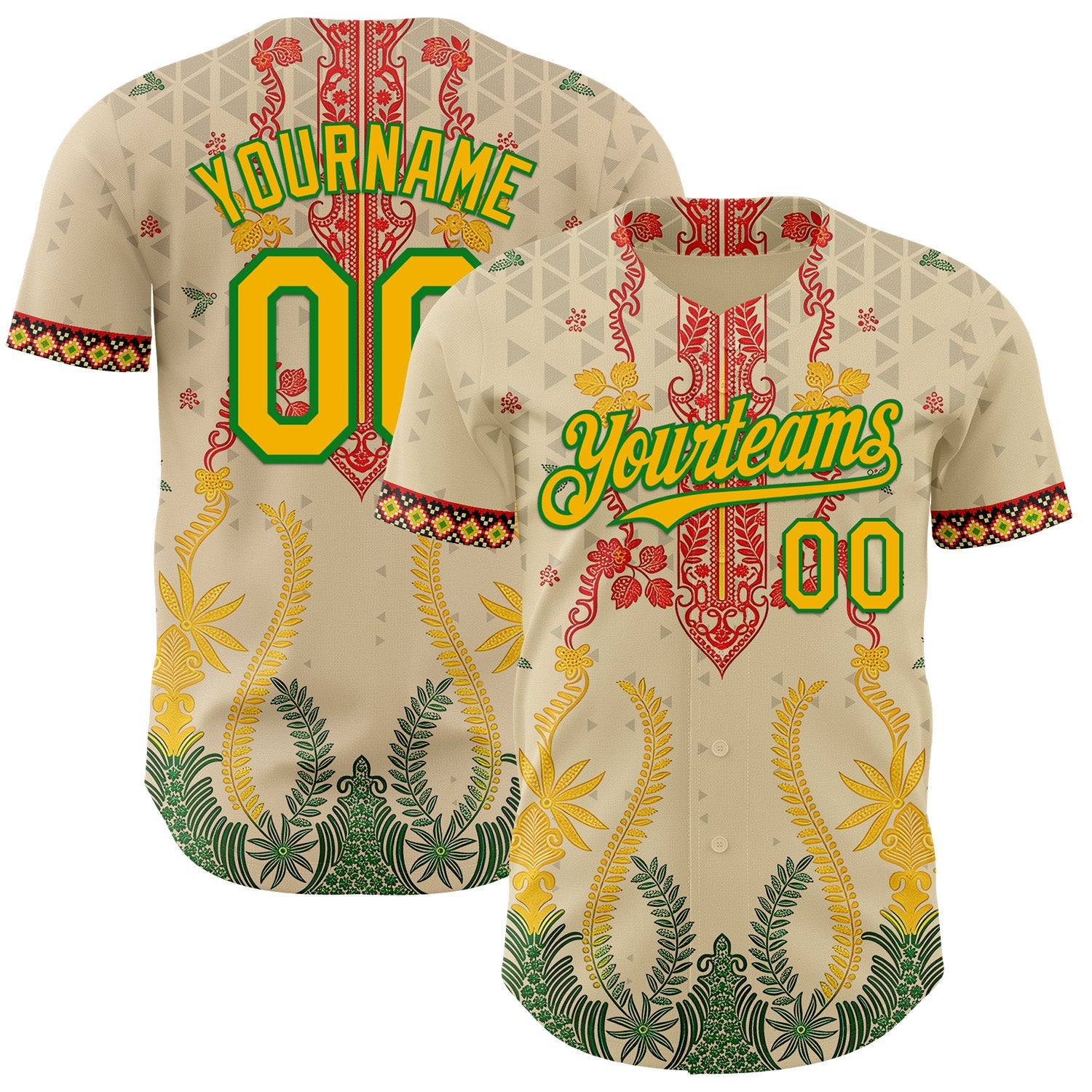 Custom Cream Gold Red-Grass Green 3D Pattern Design Black History Month Africa Tribal Authentic Baseball Jersey