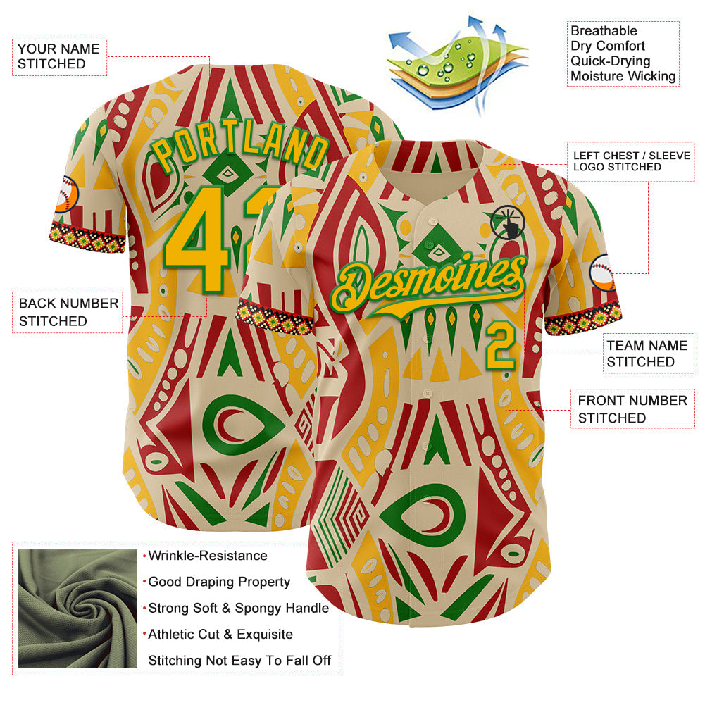 Custom City Cream Gold Red-Grass Green 3D Pattern Design Black History Month Africa Tribal Authentic Baseball Jersey