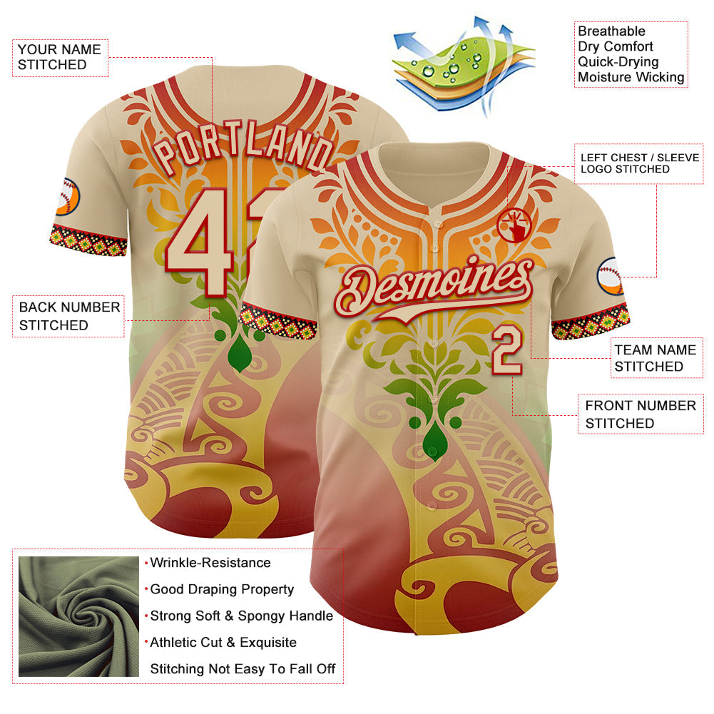 Custom City Cream Red Gold-Green 3D Pattern Design Black History Month Africa Tribal Authentic Baseball Jersey