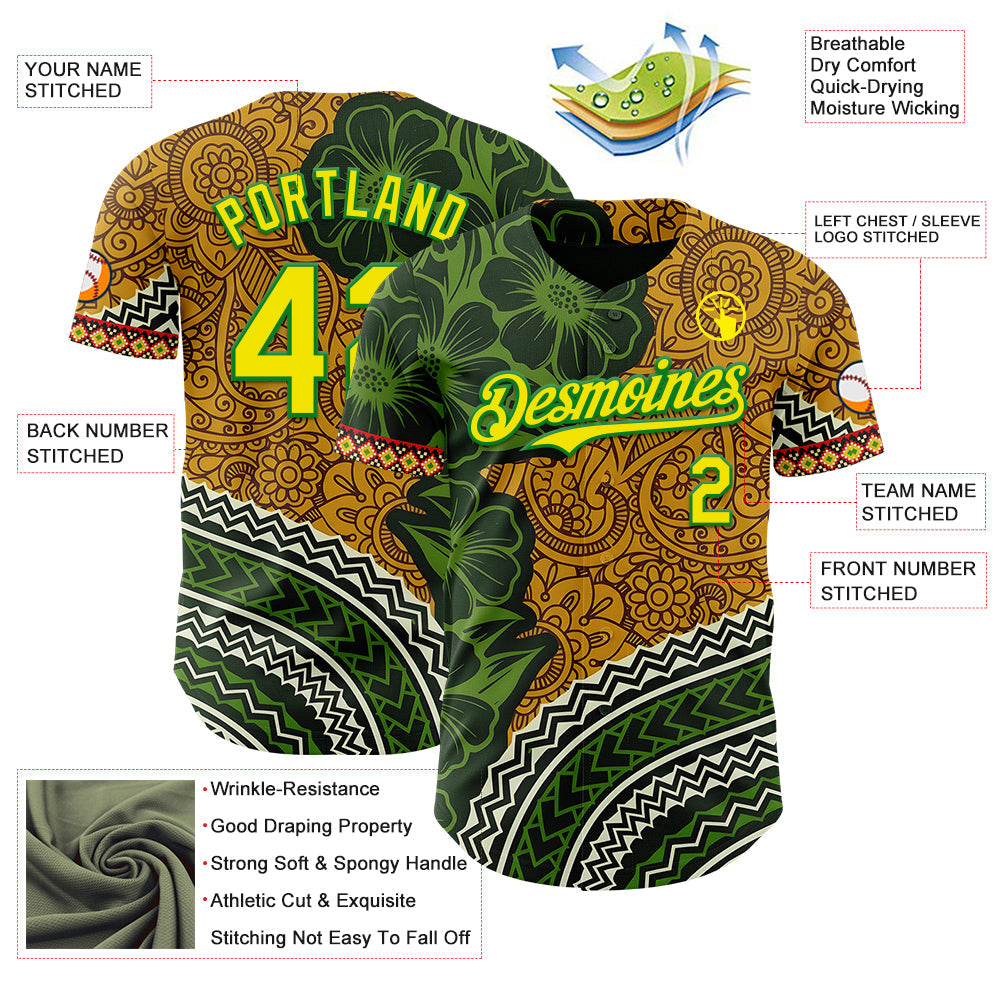Custom Old Gold Light Yellow Grass Green Black-Red 3D Pattern Design Black History Month Africa Tribal Authentic Baseball Jersey