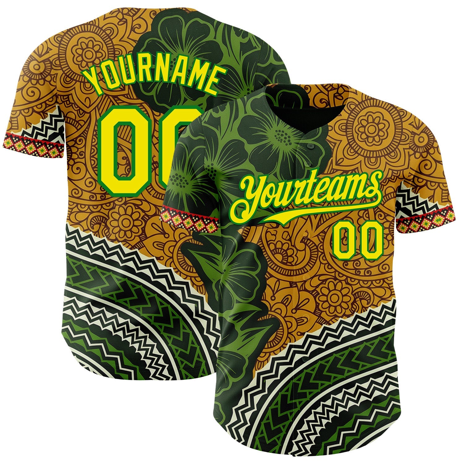 Custom Old Gold Light Yellow Grass Green Black-Red 3D Pattern Design Black History Month Africa Tribal Authentic Baseball Jersey
