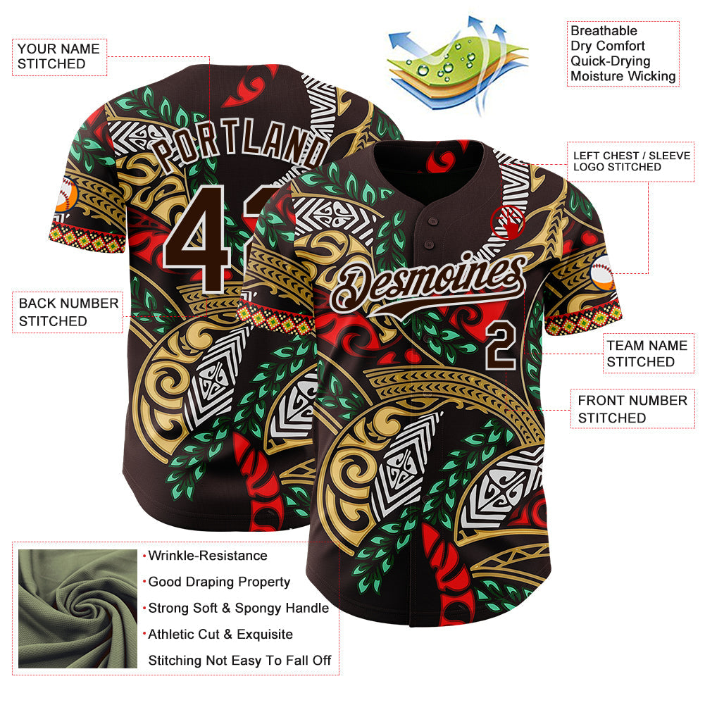 Custom Brown Green Red Yellow-White 3D Pattern Design Black History Month Africa Tribal Authentic Baseball Jersey