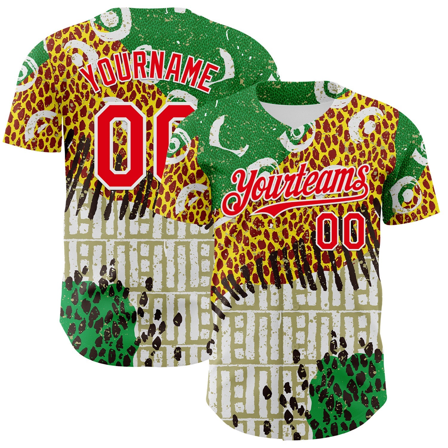 Custom White Fire Red Green Yellow-Black 3D Pattern Design Black History Month Animal Print Authentic Baseball Jersey