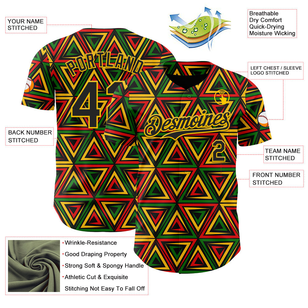 Custom Black Yellow Green-Red 3D Pattern Design Black History Month African Ethnicity Style Abstract Geometric Authentic Baseball Jersey
